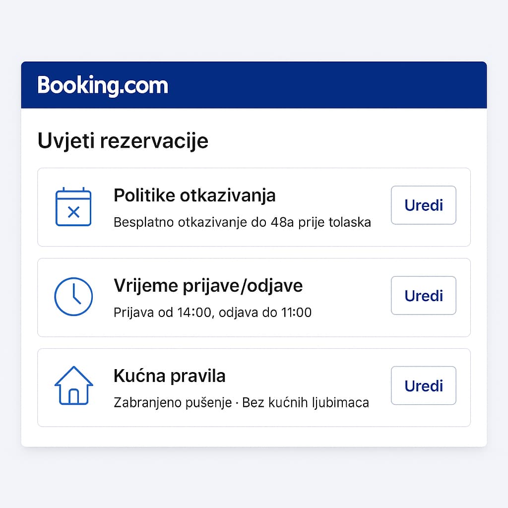 Sažetak uvjeta rezervacije u ekstranetu – prikaz politika otkazivanja, vremena prijave/odjave i kućnih pravila